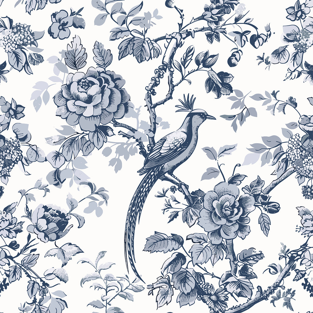 VEELIKE Chinoiserie Bired Blue Toile Wallpaper