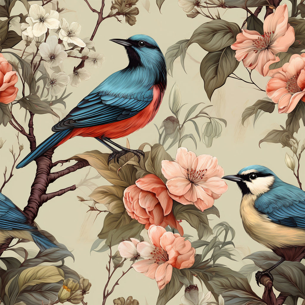 VEELIKE Vintage Beige Bird Floral Wallpaper