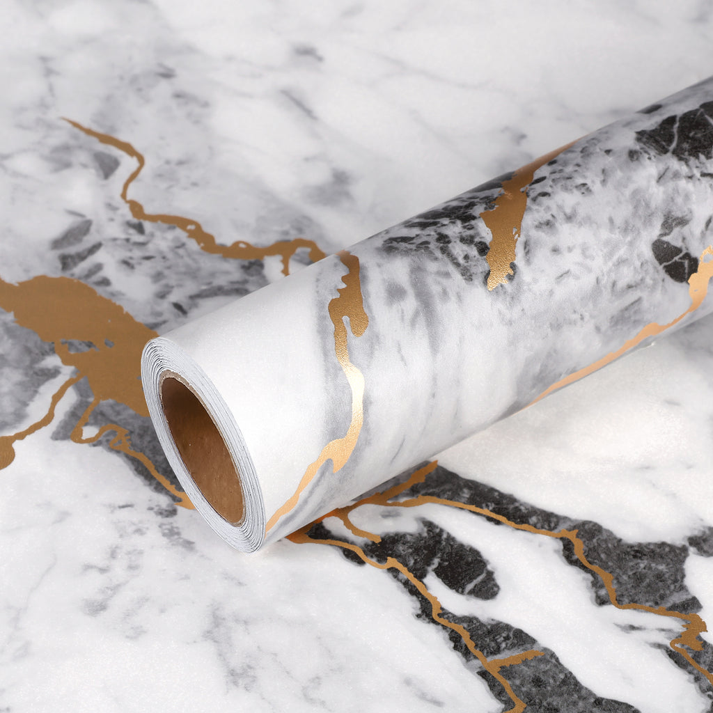 VEELIKE Black White Marble Contact Paper with Gold Veins