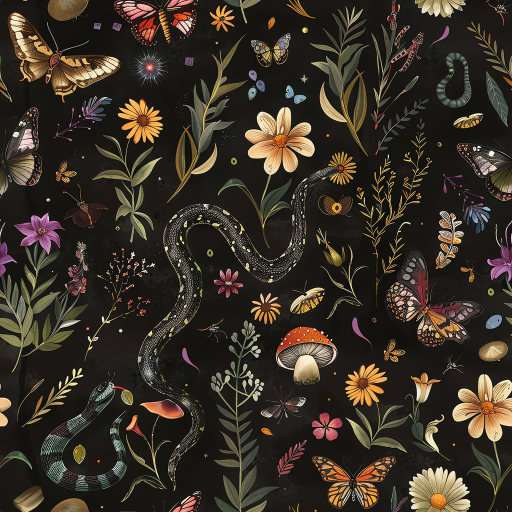 VEELIKE Midnight Snake Butterfly Floral Wallpaper