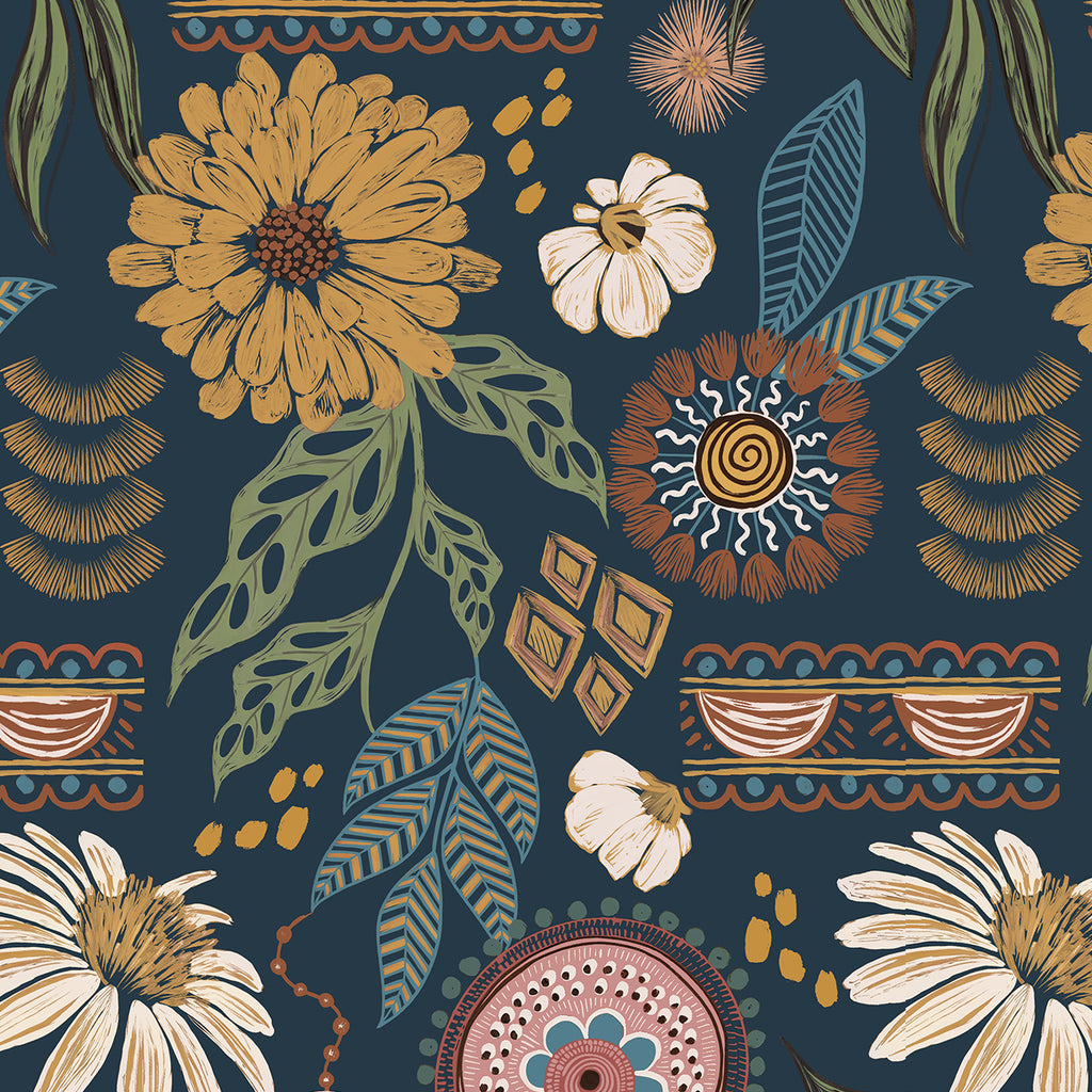 VEELIKE Boho Navy Blue Floral Wallpaper