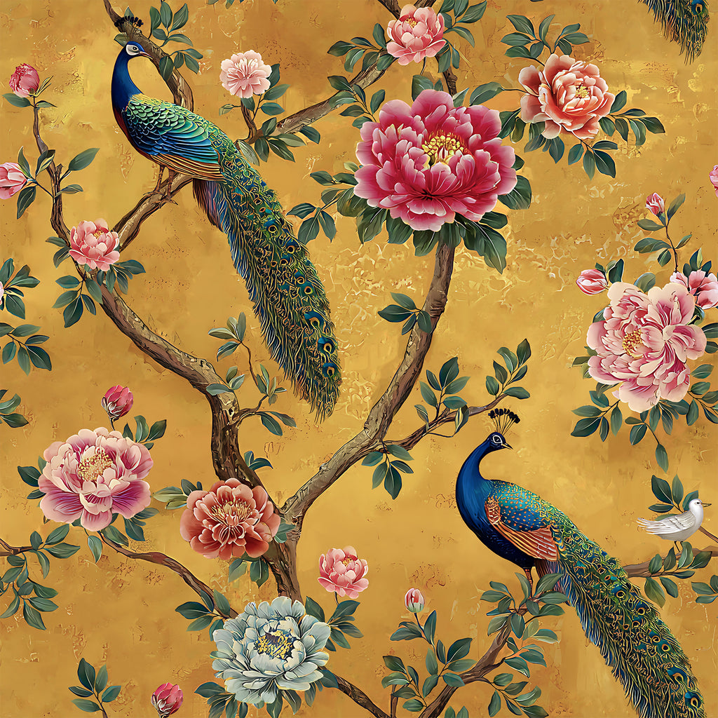 VEELIKE Vintage Mustard Peacock Chinoiserie Wallpaper