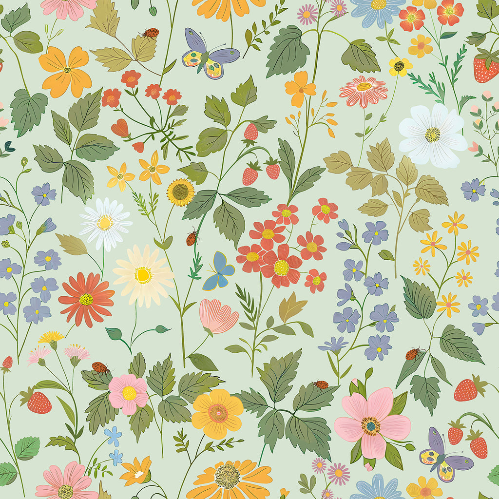 VEELIKE Green Meadow Floral Peel and Stick Wallpaper
