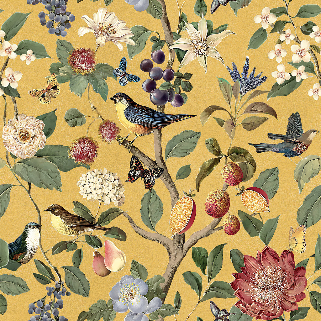 VEELIKE Luxury Mustard Yellow Chinoiserie Songbird Wallpaper