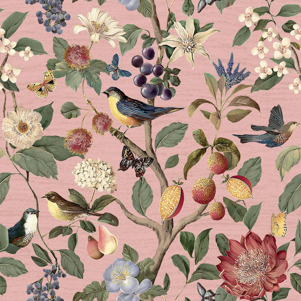 VEELIKE Retro Pink Bird Wallpaper with Butterflies