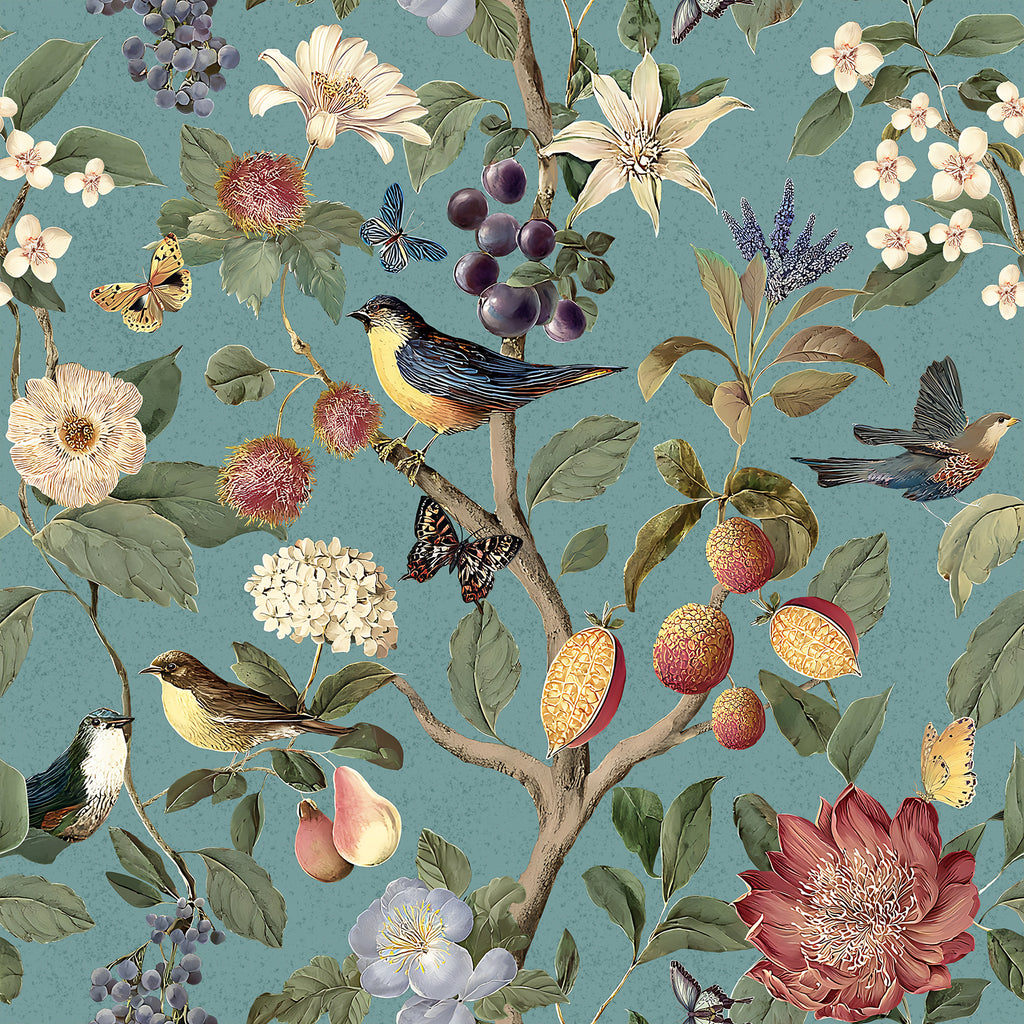 VEELIKE Whimsical Blue Chinoiserie Songbird Wallpaper