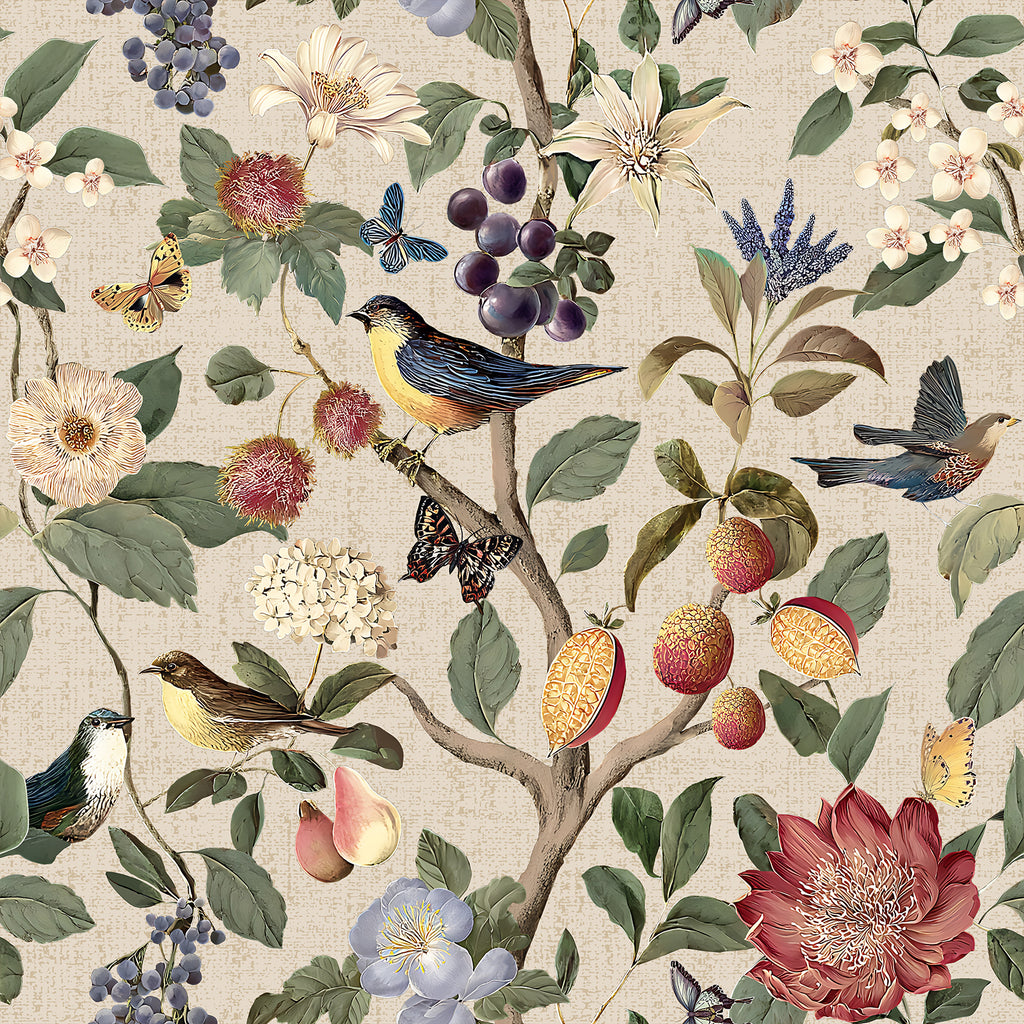 VEELIKE Retro Beige Bird Wallpaper with Butterflies