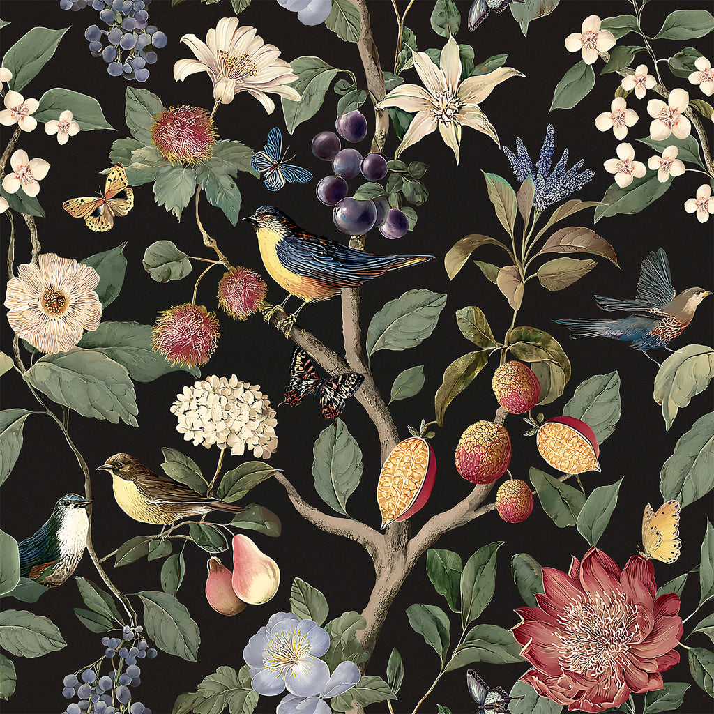 VEELIKE Vintage Black Fruits and Birds Wallpaper