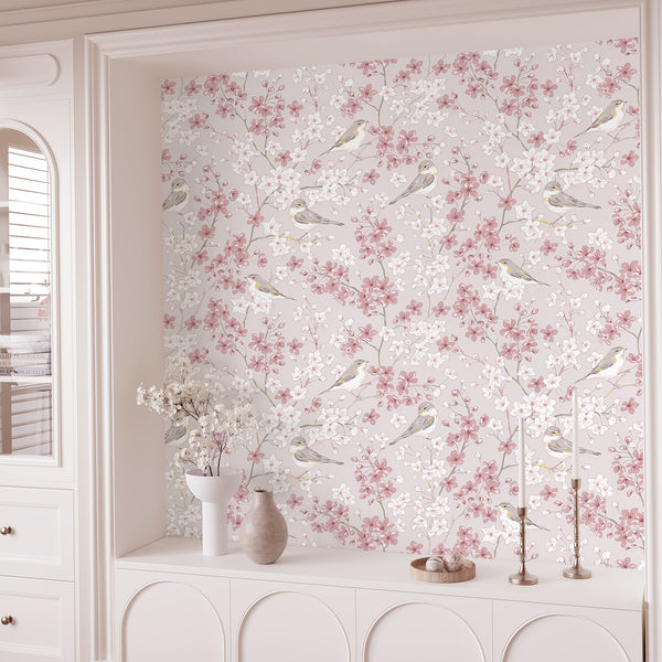 VEELIKE Pink Sakura Bird Peel and Stick Wallpaper