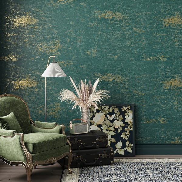VEELIKE Distressed Teal Gold Metallic Wallpaper