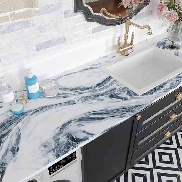 VEELIKE Thick Navy White Marble Contact Paper for Countertops