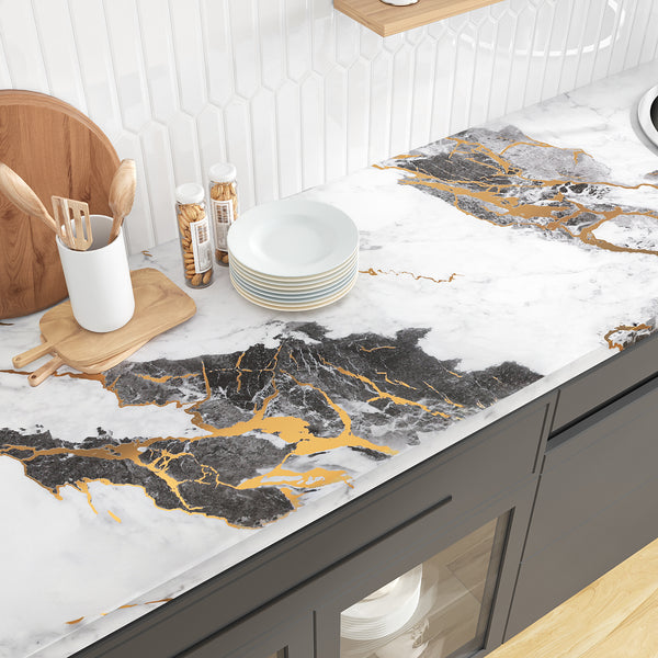 VEELIKE Black White Marble Contact Paper with Gold Veins
