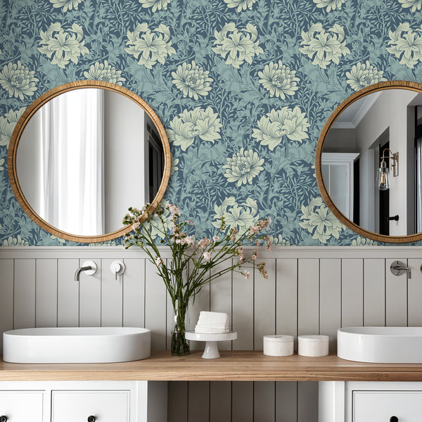 VEELIKE Blue Chrysanthemum Floral Wallpaper