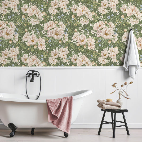 VEELIKE Vintage Green Peonies Wallpaper