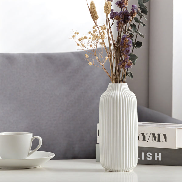 GarDream Modern White Ribbed Ceramic Vase, 8.8 Inch Tall