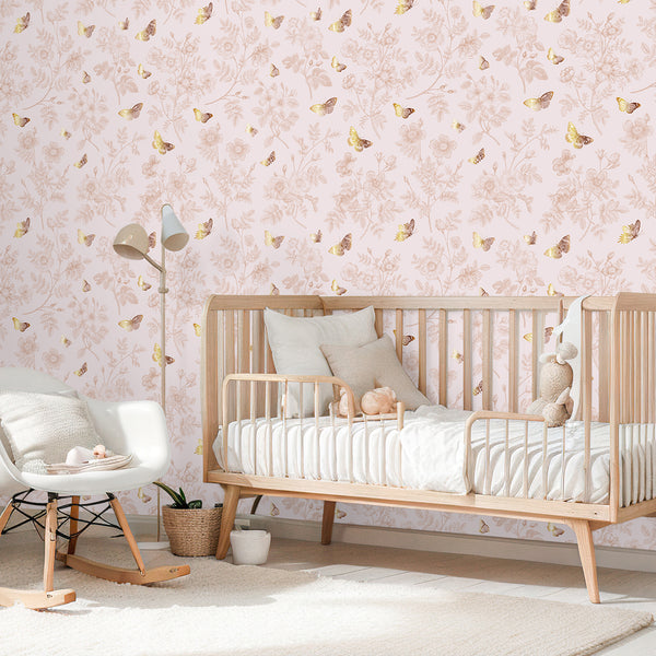 VEELIKE Soft Pink Butterflies Floral Wallpaper