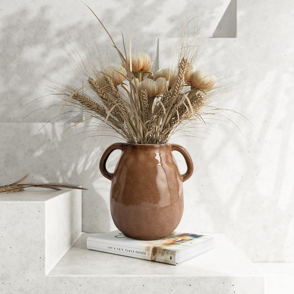 GarDream Antique Brown Ceramic Vase with Double Handles, 7 Inch Tall