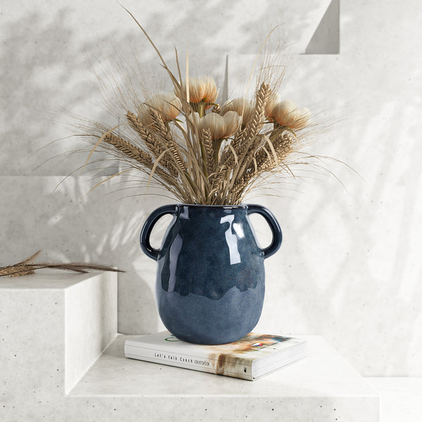 GarDream Retro Navy Blue Ceramic Vase with Double Handles, 7 Inch Tall