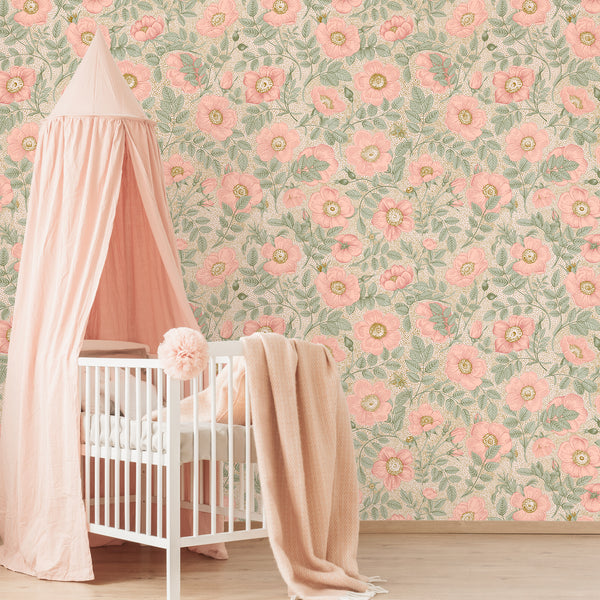 VEELIKE Vintage Pink Poppies Floral Peel and Stick Wallpaper