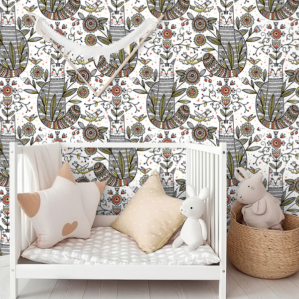 VEELIKE Whimsical Cat and Floral Wallpaper