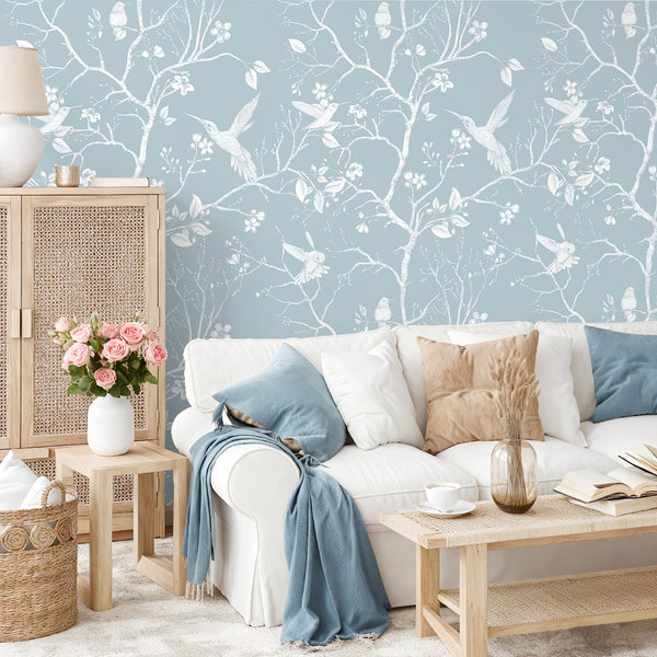 VEELIKE Vintage Blue Cherry Blossom Bird Wallpaper