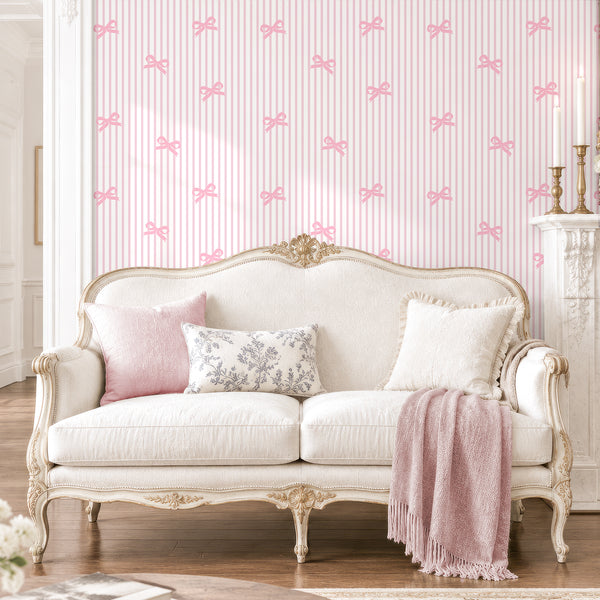 VEELIKE Pink Striped Peel and Stick Wallpaper with Bows