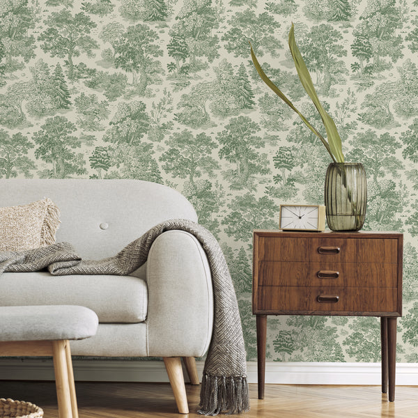 VEELIKE Vintage Chinoiserie Forest Green Toile Wallpaper