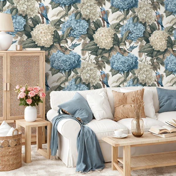 VEELIKE Blue and White Hydrangea Floral Wallpaper with Birds