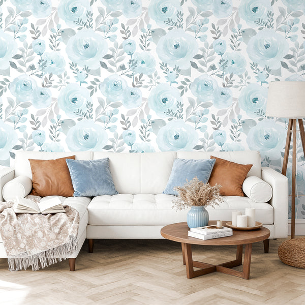 VEELIKE Watercolor Blue Peony Wallpaper