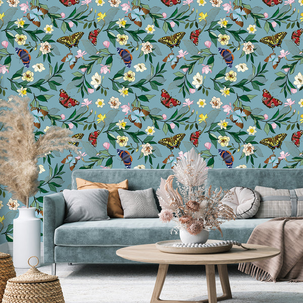 VEELIKE Blue Butterflies Floral Wallpaper