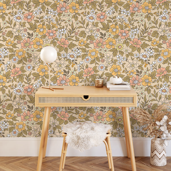 VEELIKE Vintage Meadow Beige Floral Wallpaper