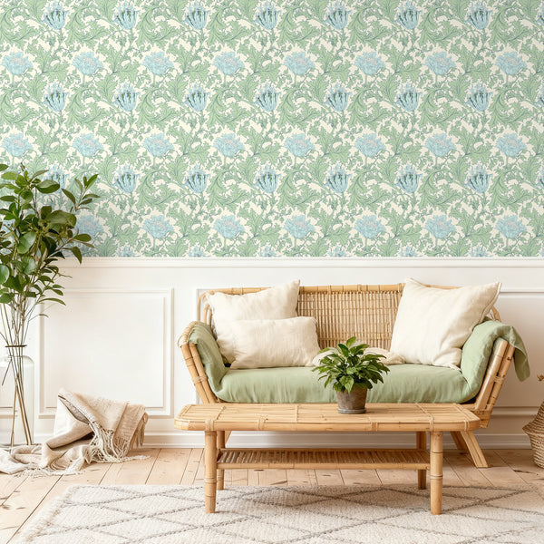 VEELIKE Cream Blue Anemone Floral Wallpaper