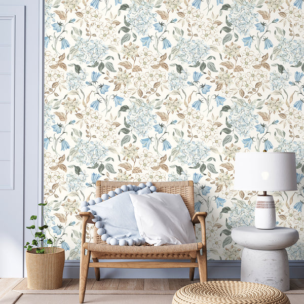 VEELIKE Watercolor Beige Blue Hydrangea Floral Wallpaper