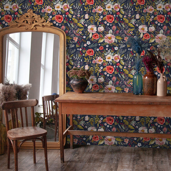 VEELIKE Navy Blue Floral Wallpaper