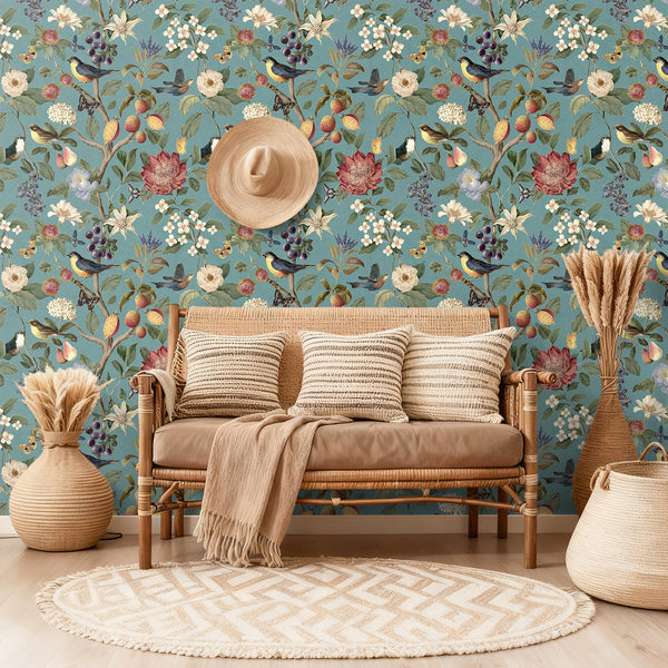 VEELIKE Whimsical Blue Chinoiserie Songbird Wallpaper