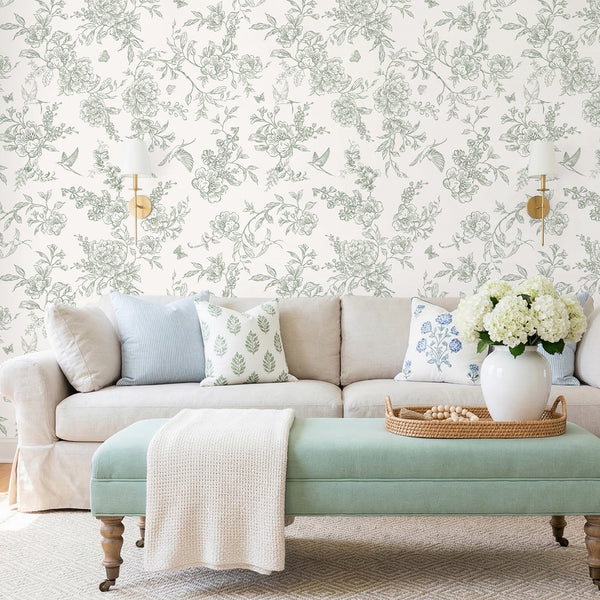 VEELIKE Sage Green Floral Peel and Stick Wallpaper
