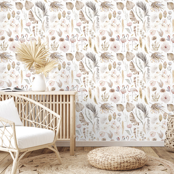 VEELIKE Flamingo Tropical Dried Leaf Floral Wallpaper