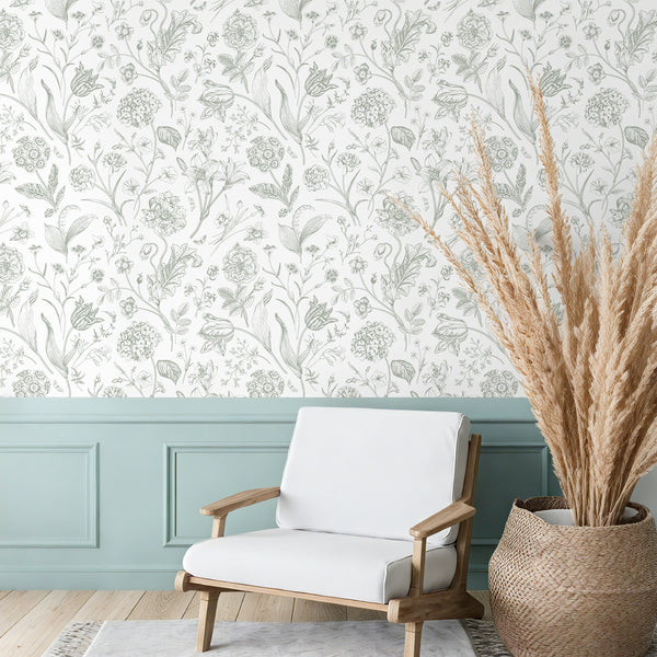 VEELIKE Sketch Sage Green Floral Peel and Stick Wallpaper