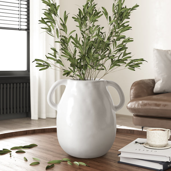 GarDream Retro White Ceramic Vase with Double Handles, 7 Inch Tall