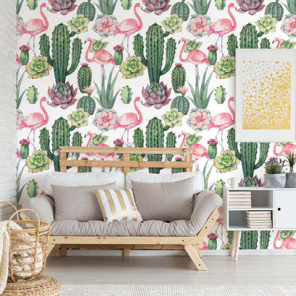 VEELIKE Flamingos and Cactus Wallpaper