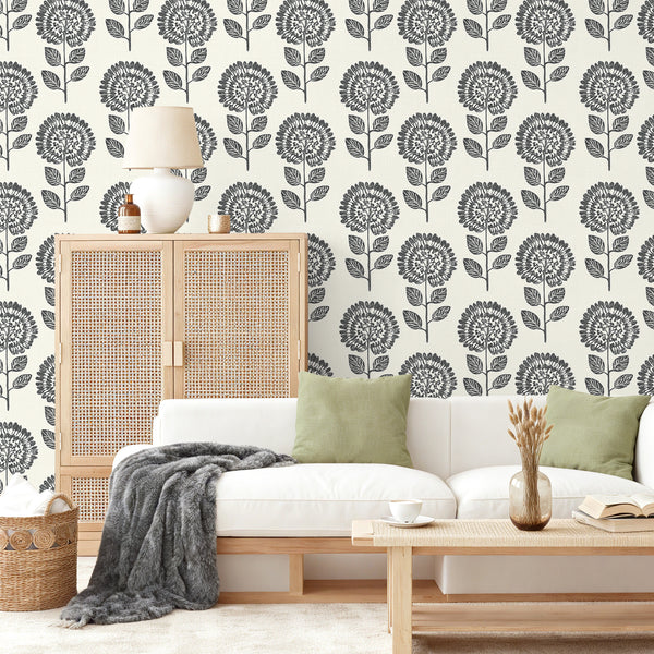 VEELIKE Vintage Charcoal Floral Peel and Stick Wallpaper