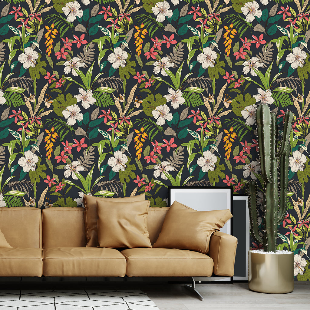 VEELIKE Tropical Dark Leaf Floral Black Wallpaper – Veelike