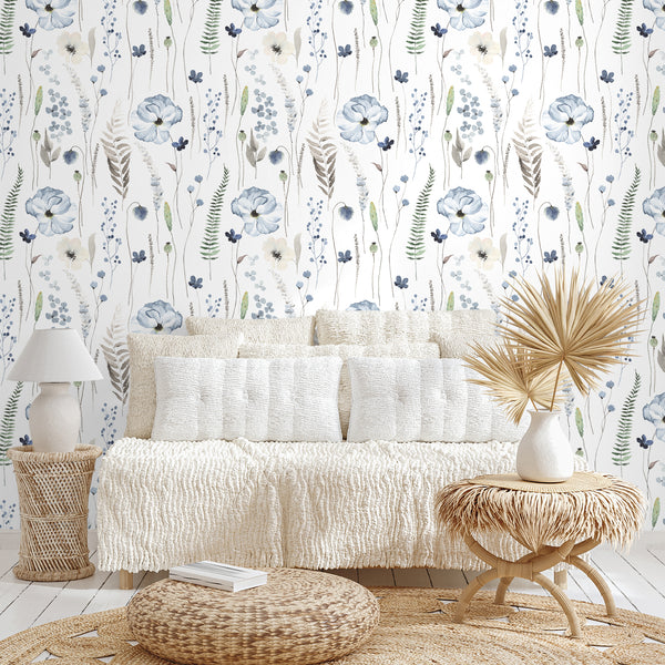 VEELIKE Watercolor Blue Fern Botanical Wallpaper