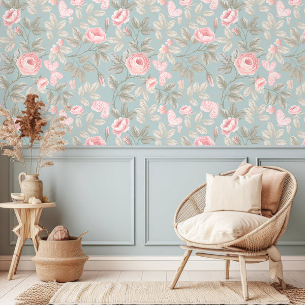 VEELIKE Blue Pastel Butterflies Floral Wallpaper
