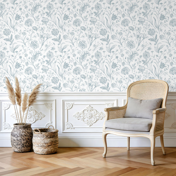 VEELIKE Sketch Blue and White Floral Peel and Stick Wallpaper