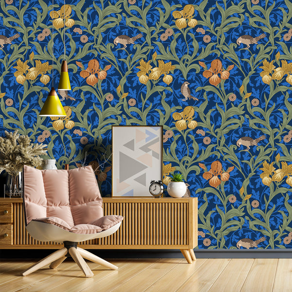 VEELIKE Blue Damask Vintage Birds Floral Wallpaper
