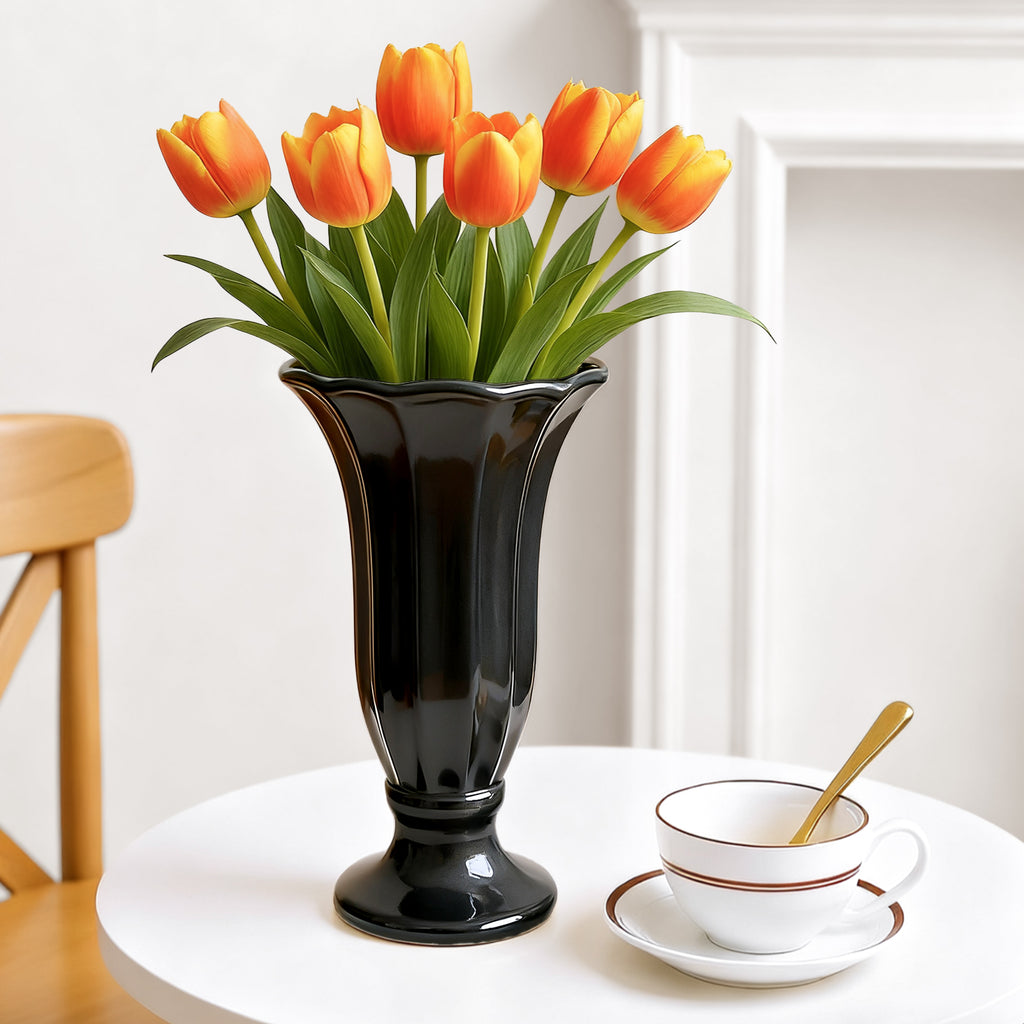 GarDream Black Fluted Ceramic Vase, 10 Inch Tall