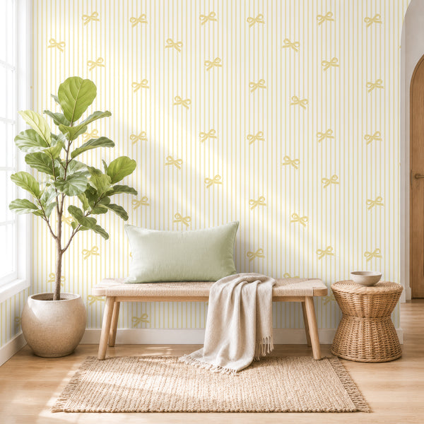 VEELIKE Yellow Striped Peel and Stick Wallpaper with Bows