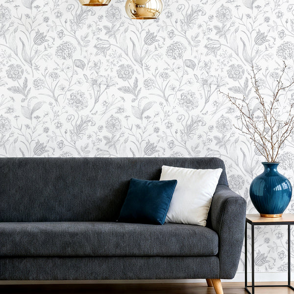 VEELIKE Sketch Grey and White Floral Peel and Stick Wallpaper
