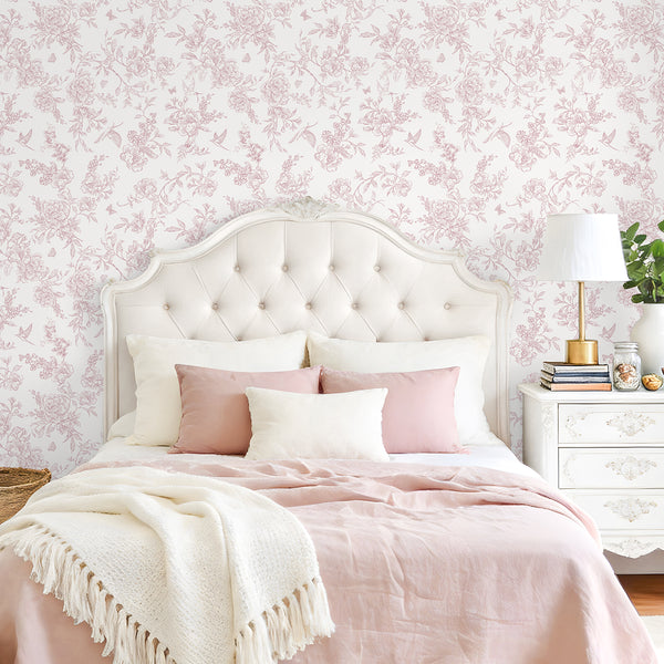 VEELIKE Dusty Pink Chinoiserie Floral Peel and Stick Wallpaper